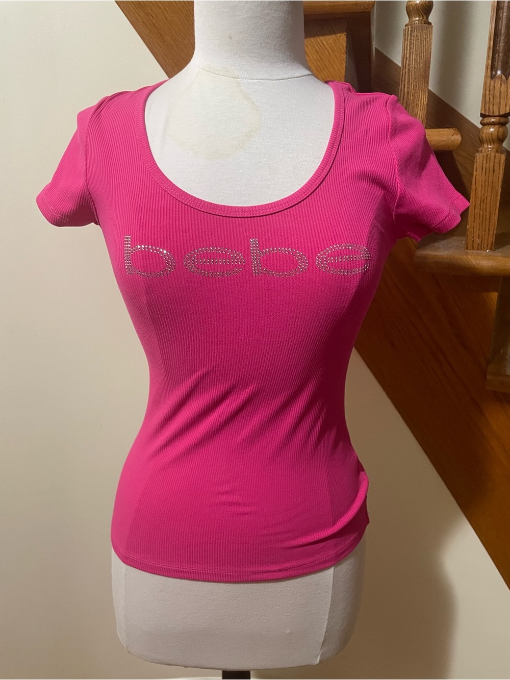 bebe Hot Pink Rhinestone Logo Scoop Neck Tee